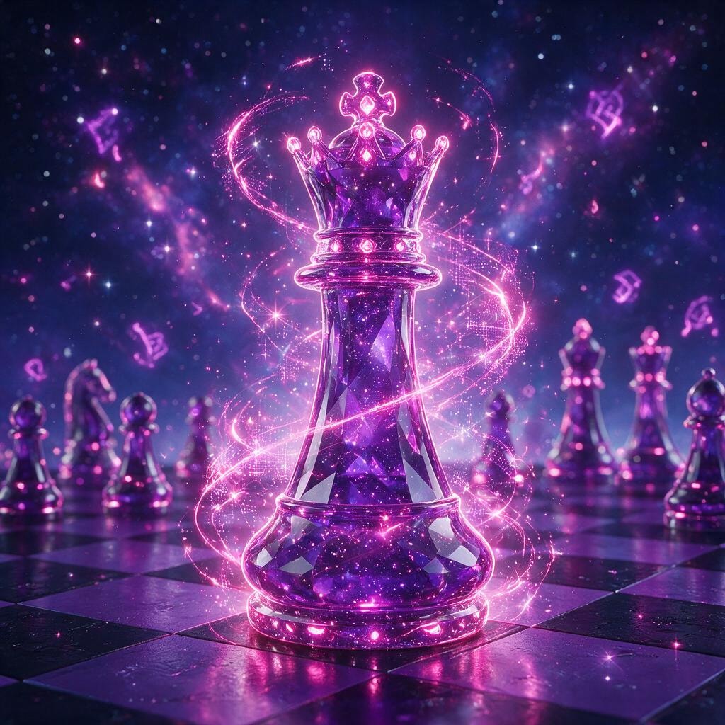 Neon chess queen glowing with purple and pink light